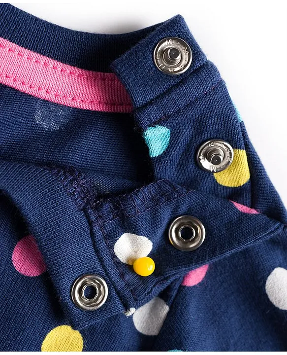 Babyhug Cotton Knit Full Sleeves Co-ord Night Suit With Polka Dot Print & Bow Applique - Navy Blue - Image 5
