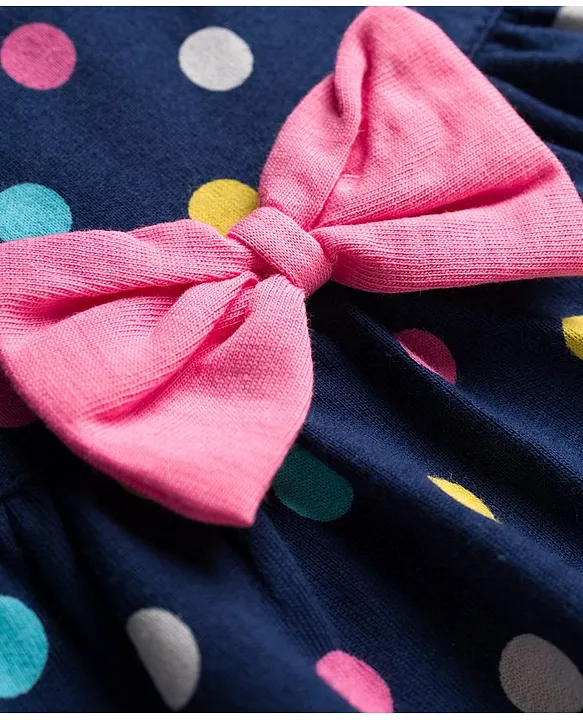 Babyhug Cotton Knit Full Sleeves Co-ord Night Suit With Polka Dot Print & Bow Applique - Navy Blue - Image 6