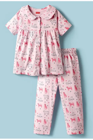 Babyhug Cotton Knit Half Sleeves Co-ords Night Suit With Animal Print - Pink