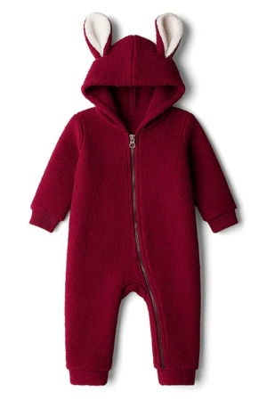 Kanvin Knit Full Sleeves Fur Winter Wear Romper With Ear Applique - Maroon