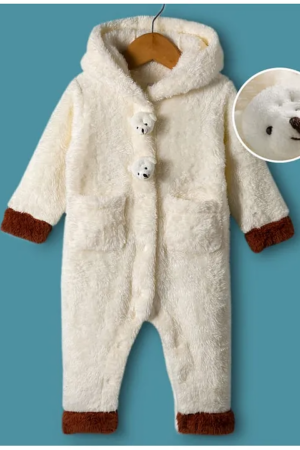 Mark & Mia Knit Full Sleeves Winter Wear Fur Hooded Romper With Pocket & Badge Detailing & Teddy Applique - Off White