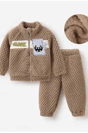 Mark & Mia Full Sleeves Winter Wear Fur Sweatjacket & Lounge Pant Set with Shark Patch Detailing - Light Brown