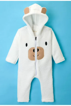 Kanvin Knit Full Sleeves WInter Wear Romper With Ear & Face Applique - White